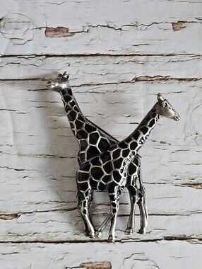 Vintage Giraffes Brooch Pin, Silver Tone and Black Enamel